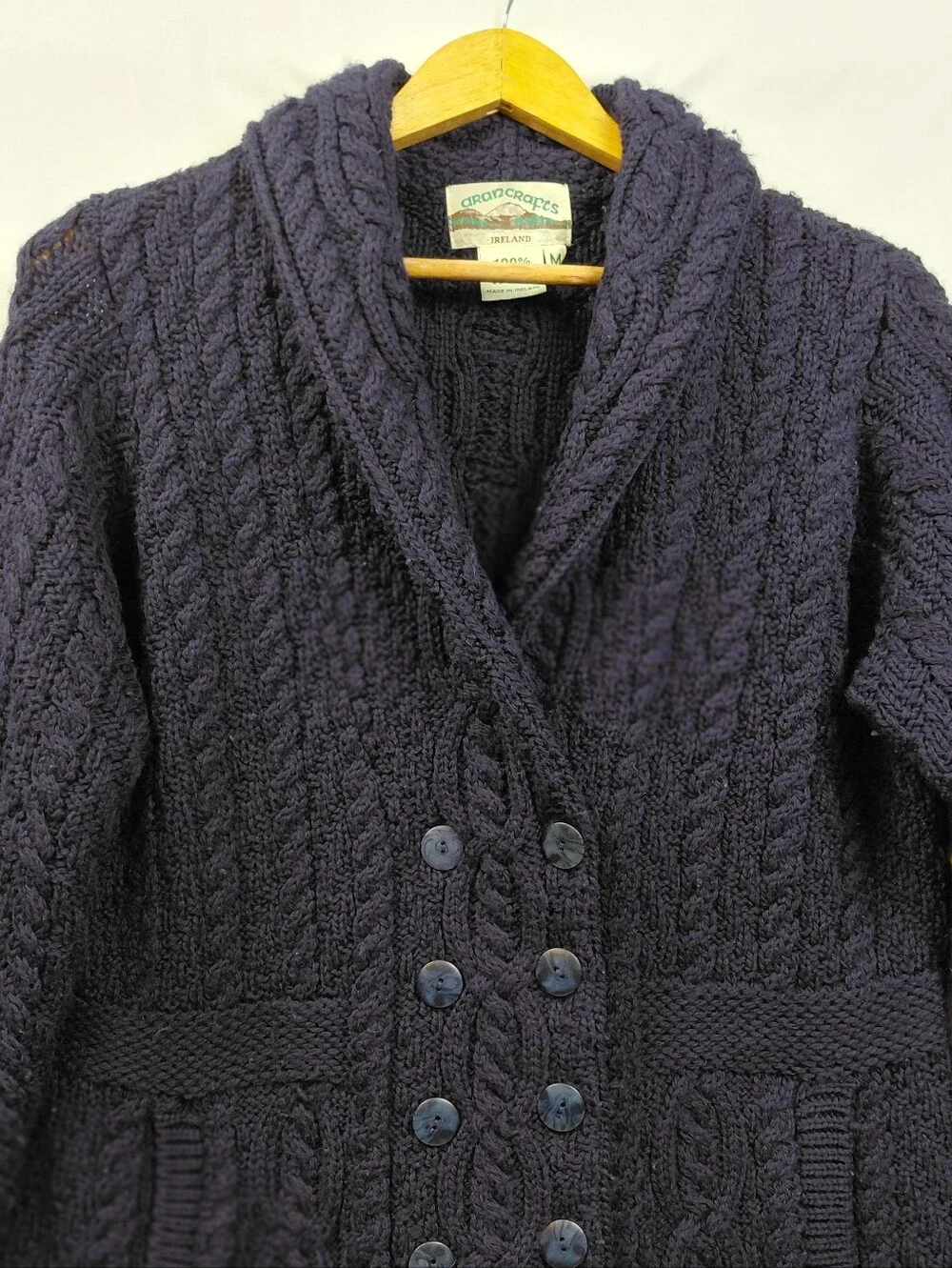 Aran Crafts Double Breasted Merino Wool Cardigan Women's Size Medium Navy Blue